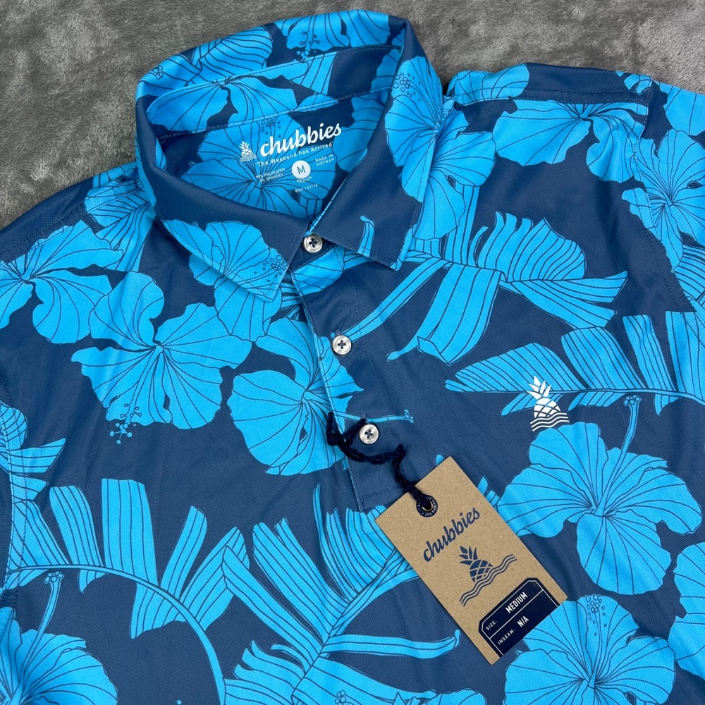 Chubbies The Calm Current Range Polo Shirt Mens Medium Blue Floral Tropical Palm